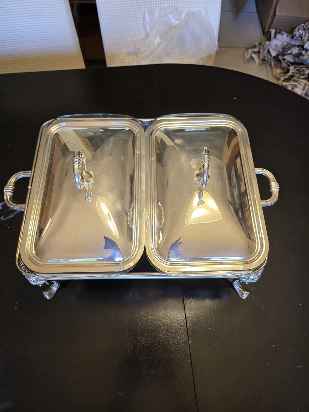 Source Unknown Silver Double Chafing Dish with Ornate Stand
